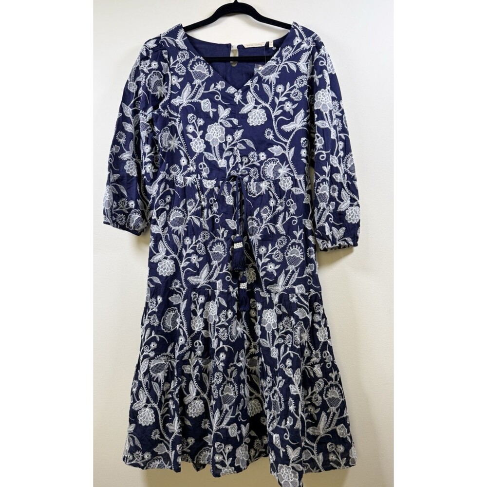 Soft Surroundings Tilda Embroidered Floral Navy Midi Dress with Pockets 12